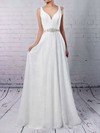 Lace Tulle V-neck A-line Sweep Train Sashes / Ribbons Wedding Dresses #LDB00023210