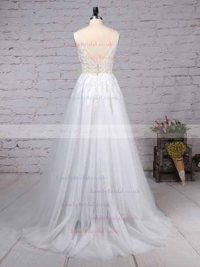 Tulle V-neck A-line Sweep Train Appliques Lace Wedding Dresses #LDB00023215