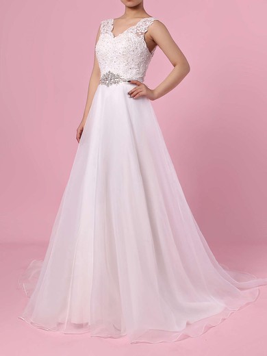 Chiffon V-neck Princess Sweep Train Appliques Lace Wedding Dresses #LDB00023282