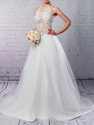 Tulle Scoop Neck Princess Sweep Train Appliques Lace Wedding Dresses #LDB00023309