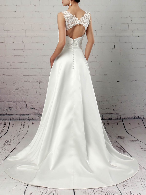 Satin Tulle Scoop Neck Ball Gown Sweep Train Appliques Lace Wedding Dresses #LDB00023319