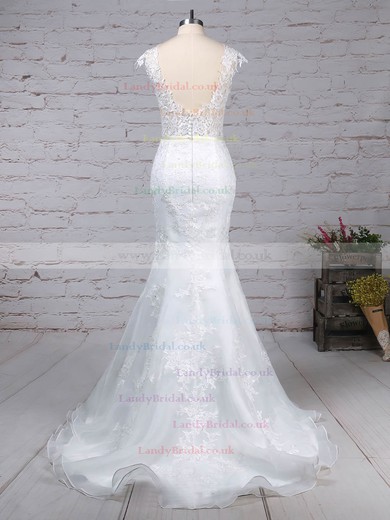 Tulle Scoop Neck Trumpet/Mermaid Sweep Train Appliques Lace Wedding Dresses #LDB00023152