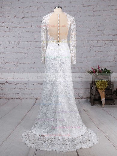 Lace Tulle Scoop Neck Sheath/Column Sweep Train Wedding Dresses #LDB00023193