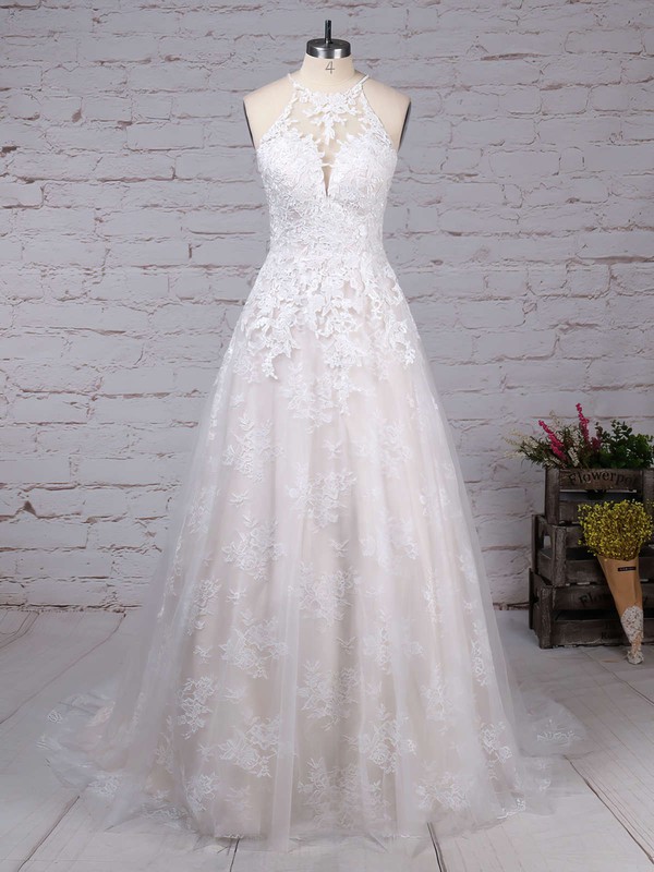Lace Tulle Scoop Neck Princess Sweep Train Appliques Lace Wedding Dresses #LDB00023159
