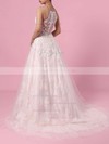 Lace Tulle Scoop Neck Princess Sweep Train Appliques Lace Wedding Dresses #LDB00023159