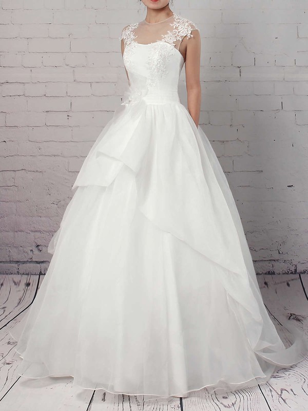 Organza Tulle Scoop Neck Ball Gown Sweep Train Appliques Lace Wedding Dresses #LDB00023192