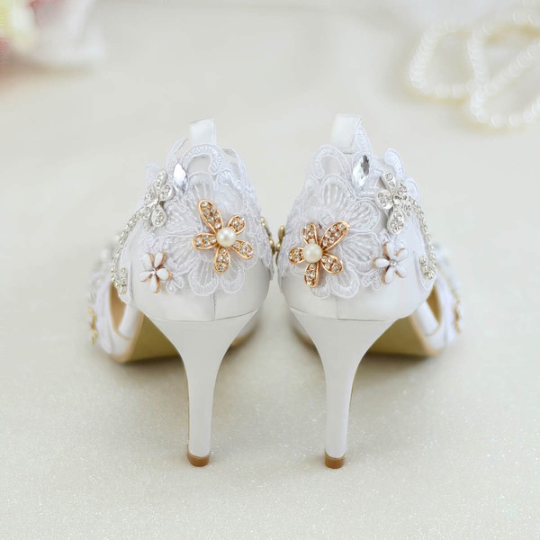 Women's Pumps Cone Heel White Satin Wedding Shoes #LDB03030924