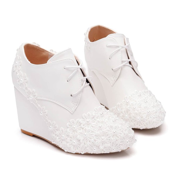 Women's Pumps Wedge Heel White Leatherette Wedding Shoes #LDB03030929