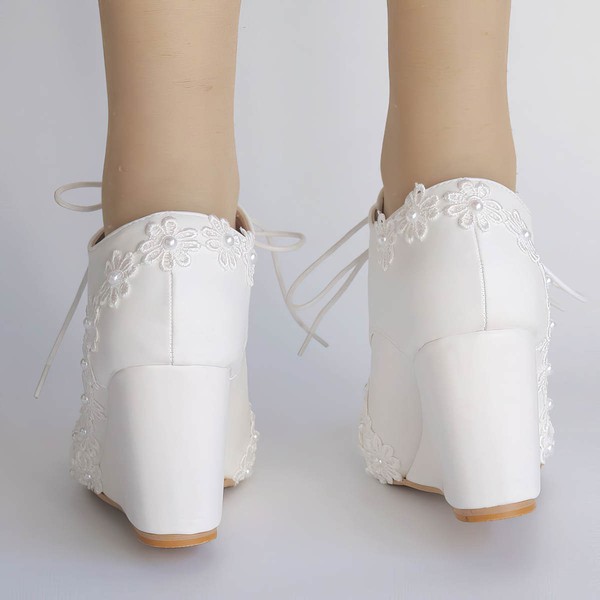 Women's Pumps Wedge Heel White Leatherette Wedding Shoes #LDB03030929