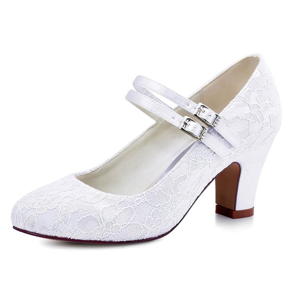 Women's Pumps Chunky Heel White Satin Wedding Shoes #LDB03030875