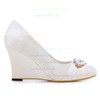 Women's Closed Toe Wedge Heel White Satin Wedding Shoes #LDB03030877