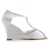 Women's Peep Toe Wedge Heel White Satin Wedding Shoes #LDB03030882