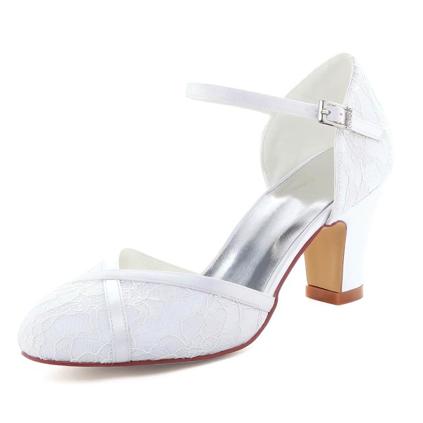 Women's Pumps Chunky Heel White Satin Wedding Shoes #LDB03030884
