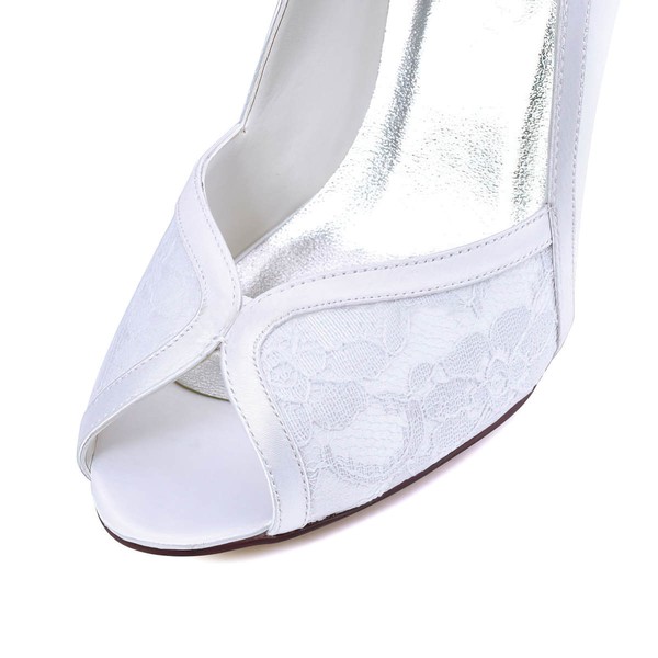 Women's Pumps Cone Heel White Satin Wedding Shoes #LDB03030894