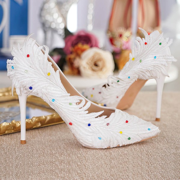 Women's Pumps Stiletto Heel White Leatherette Wedding Shoes #LDB03030912