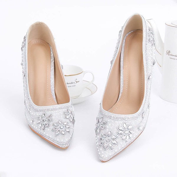 Women's Pumps Stiletto Heel Silver Leatherette Wedding Shoes #LDB03030913
