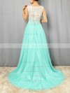 A-line Scoop Neck Lace Tulle Sweep Train Prom Dresses #LDB020101174