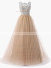A-line Scoop Neck Lace Tulle Sweep Train Prom Dresses #LDB020101174