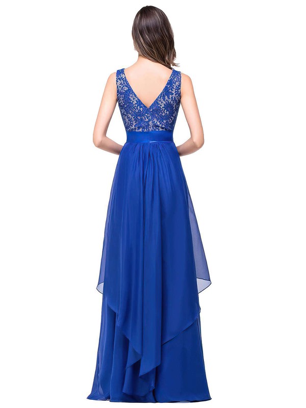 A-line Scoop Neck Lace Chiffon Floor-length Sashes / Ribbons Prom Dresses #LDB020101628