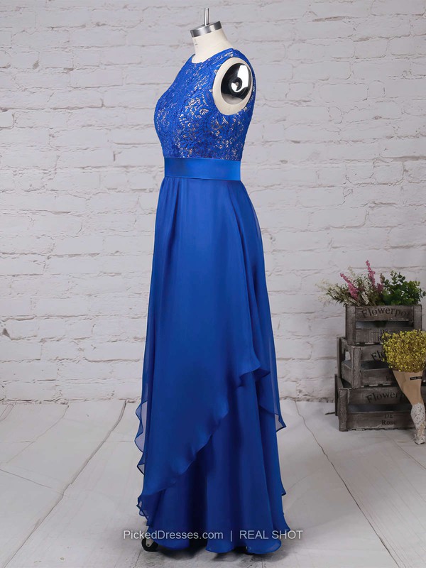 A-line Scoop Neck Lace Chiffon Floor-length Sashes / Ribbons Prom Dresses #LDB020101628