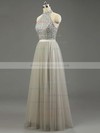 A-line High Neck Tulle Floor-length Beading Prom Dresses #LDB020101636