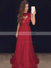 A-line Scoop Neck Chiffon Sweep Train Appliques Lace Prom Dresses #LDB020102057