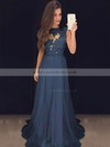 A-line Scoop Neck Chiffon Sweep Train Appliques Lace Prom Dresses #LDB020102057