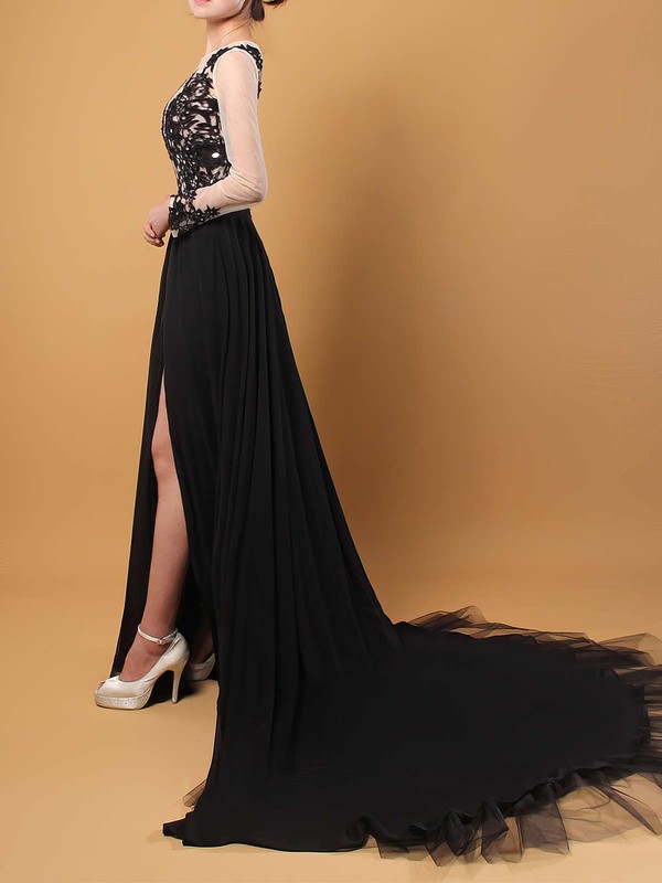 A-line Scoop Neck Chiffon Tulle Court Train Appliques Lace Prom Dresses #LDB020102059