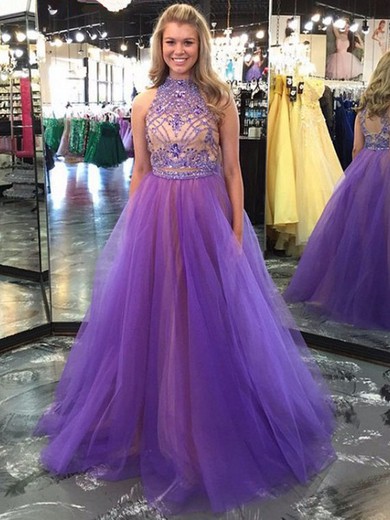 Princess High Neck Tulle Floor-length Beading Prom Dresses #LDB020102068