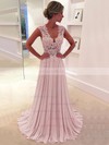 A-line V-neck Chiffon Sweep Train Appliques Lace Prom Dresses #LDB020102171
