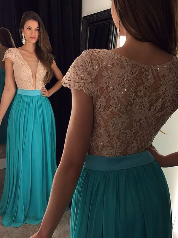 A-line V-neck Lace Chiffon Floor-length Sequins Prom Dresses #LDB020102209