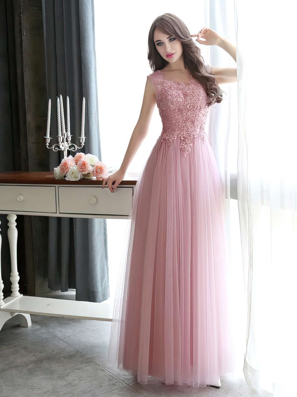 A-line Scoop Neck Tulle Floor-length Appliques Lace Prom Dresses #LDB020102317