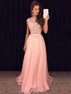 A-line Scoop Neck Chiffon Sweep Train Appliques Lace Prom Dresses #LDB020102396