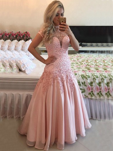 A-line High Neck Tulle Floor-length Appliques Lace Prom Dresses #LDB020102398