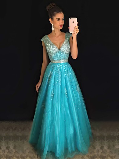 Princess V-neck Tulle Floor-length Beading Prom Dresses #LDB020102401