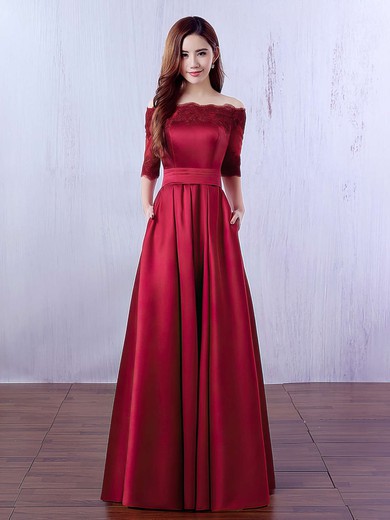 A-line Off-the-shoulder Satin Floor-length Appliques Lace Prom Dresses #LDB020102406