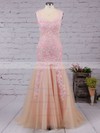 Trumpet/Mermaid V-neck Tulle Floor-length Appliques Lace Prom Dresses #LDB020102421