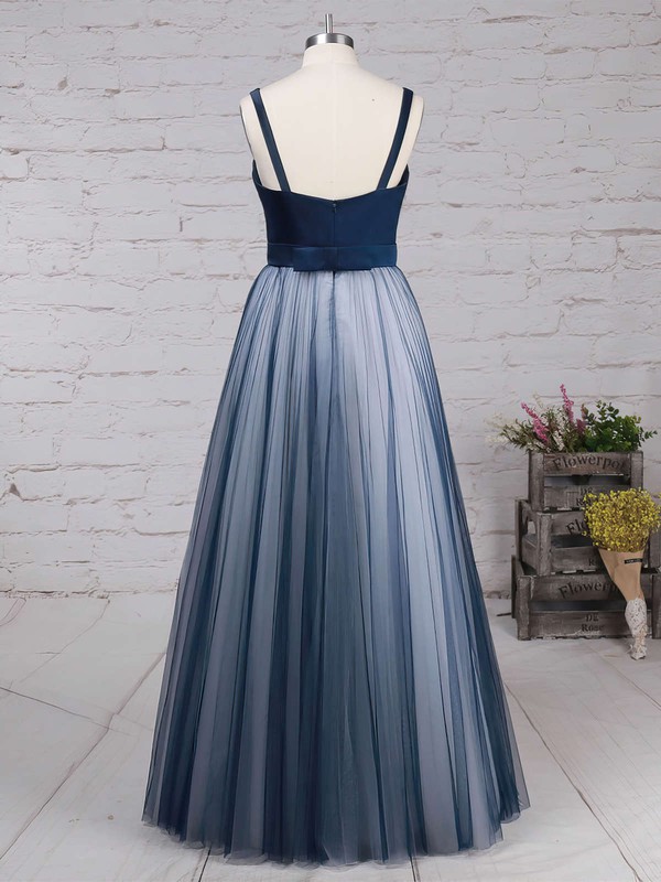 Princess V-neck Satin Tulle Floor-length Pleats Prom Dresses #LDB020102454