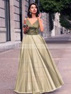 Princess V-neck Satin Tulle Floor-length Pleats Prom Dresses #LDB020102454