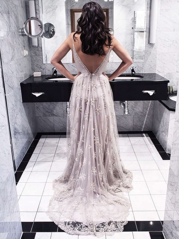 A-line V-neck Lace Court Train Lace Prom Dresses #LDB020102459