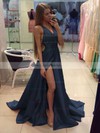 A-line V-neck Silk-like Satin Court Train Split Front Prom Dresses #LDB020102467