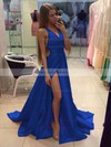 A-line V-neck Silk-like Satin Court Train Split Front Prom Dresses #LDB020102467