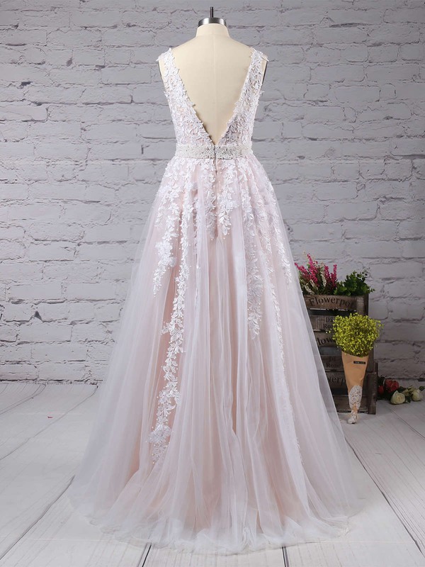 Ball Gown V-neck Tulle Floor-length Beading Prom Dresses #LDB020102479