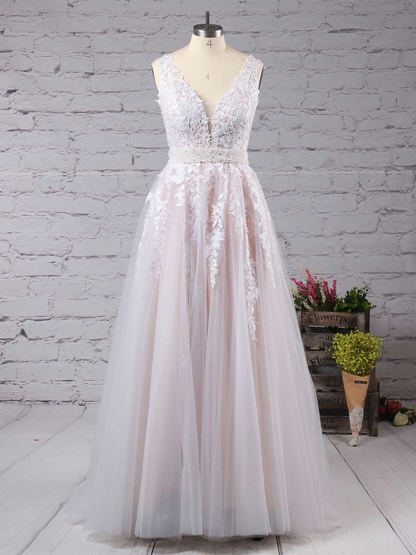 Ball Gown V-neck Tulle Floor-length Beading Prom Dresses #LDB020102479