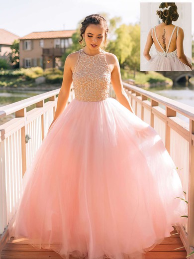 Ball Gown Scoop Neck Tulle Floor-length Beading Prom Dresses #LDB020102483