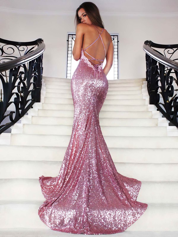 Trumpet/Mermaid V-neck Sequined Sweep Train Appliques Lace Prom Dresses #LDB020102499
