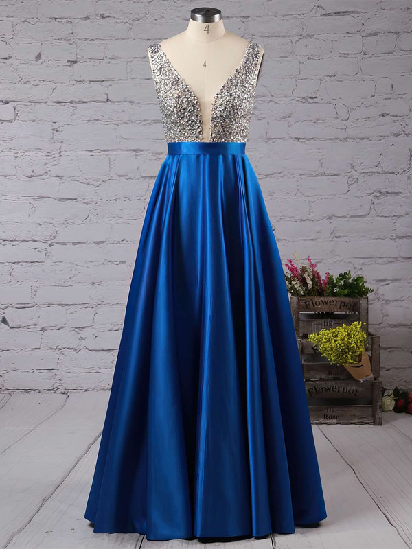 Princess V-neck Satin Floor-length Beading Prom Dresses #LDB020102600