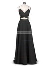 A-line V-neck Silk-like Satin Sweep Train Prom Dresses #LDB020102743