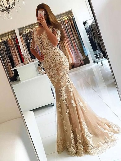 Trumpet/Mermaid Scoop Neck Tulle Sweep Train Sashes / Ribbons Prom Dresses #LDB020102800
