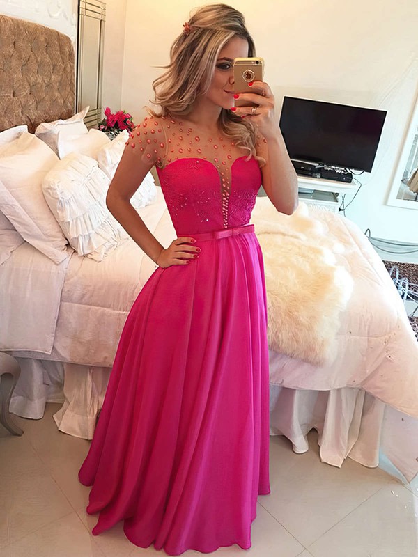 A-line Scoop Neck Chiffon Floor-length Lace Prom Dresses #LDB020102817